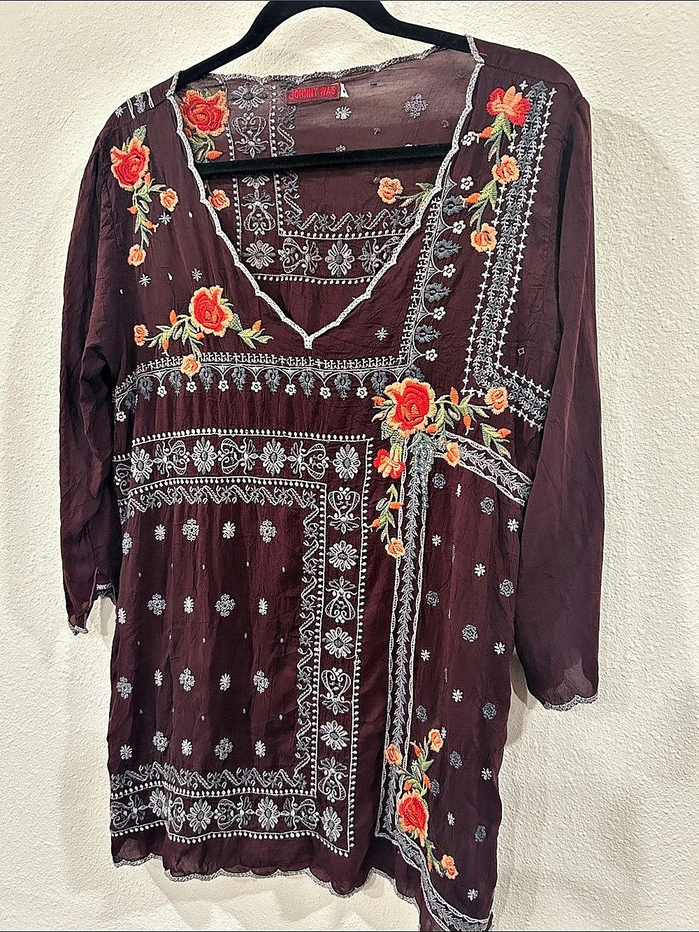 Johnny Was Embroidered Floral Tunic in Brown Size Small